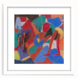 Abstract art print by Adolf Holzel featuring geometric shapes in vibrant primary colors on a white framed canvas.