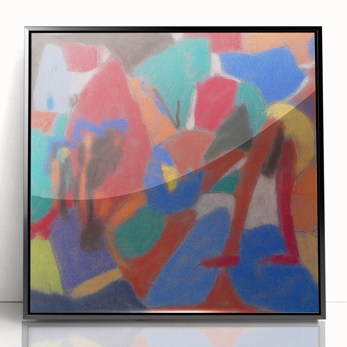 Large abstract wall art featuring mid-century modernist design in muted colors on a black framed acrylic print.
