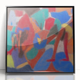 Large abstract wall art featuring mid-century modernist design in muted colors on a black framed acrylic print.