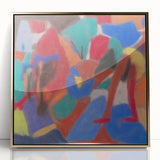 Mid-century modernist art by Adolf Holzel in gold frame, featuring abstract shapes in muted colors.