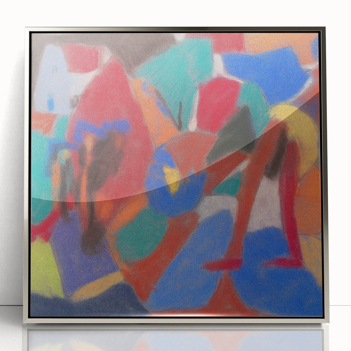 Mid-century modernist art depicting geometric shapes in muted colors on a silver-framed acrylic.
