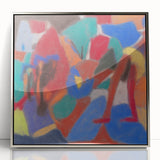 Mid-century modernist art depicting geometric shapes in muted colors on a silver-framed acrylic.