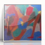 Art Deco poster depicting geometric shapes in muted blues and pinks, framed acrylic, ideal for nursery wall art.