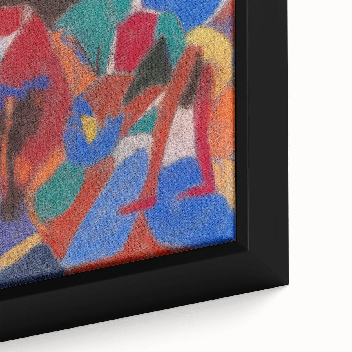 Extra large framed canvas featuring textured, colorful abstract shapes on a black background, ideal for living room decor.