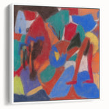 Vintage poster art featuring a colorful abstract design on a large framed canvas, ideal for living room decor.