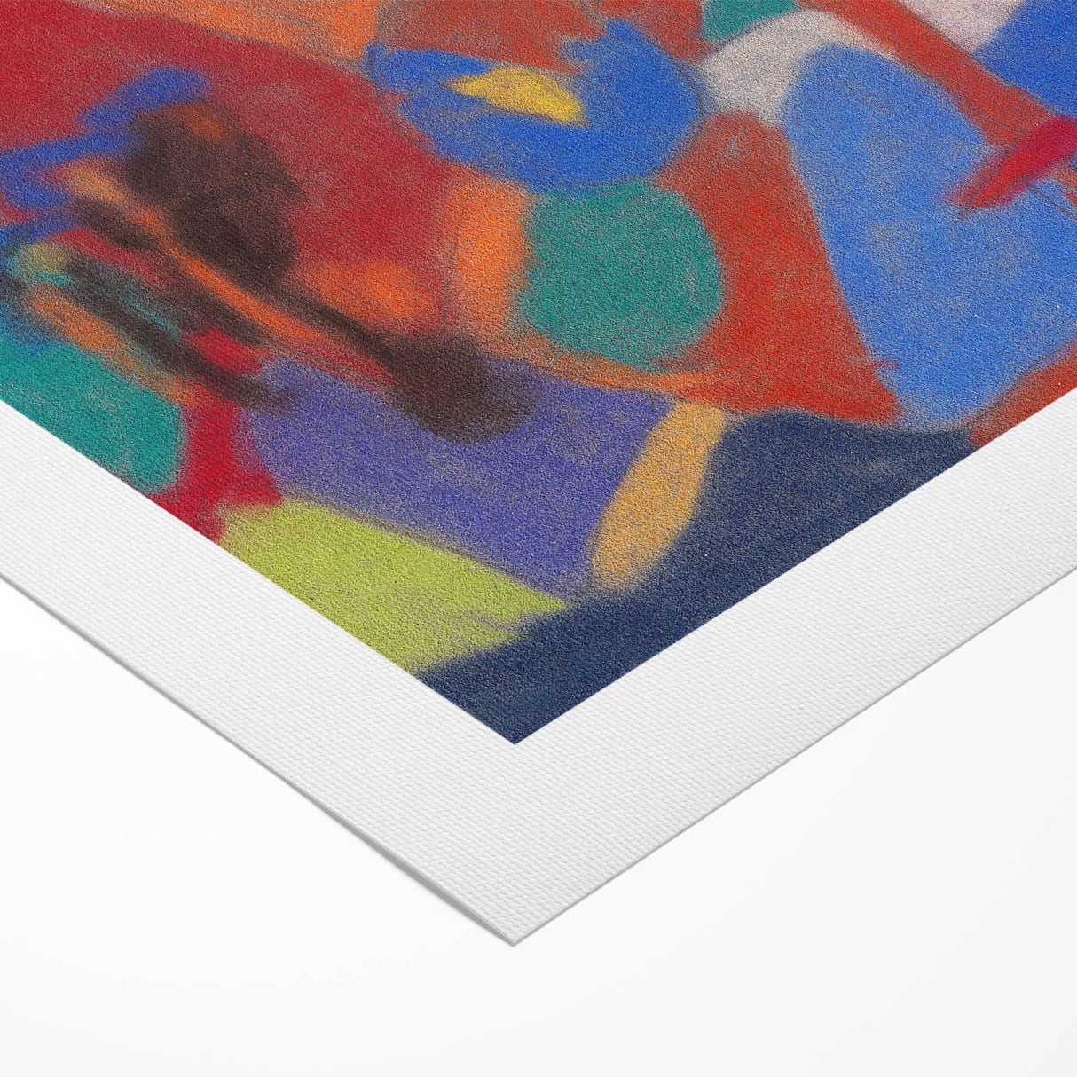 Art deco poster featuring geometric shapes in muted gray and blue tones, printed on rolled canvas.