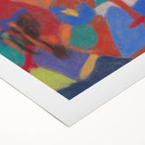 Art deco poster featuring geometric shapes in muted gray and blue tones, printed on rolled canvas.