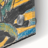 Large abstract wall art in mid-century modernist style with vibrant colors on acrylic glass, ideal for dining room decor.