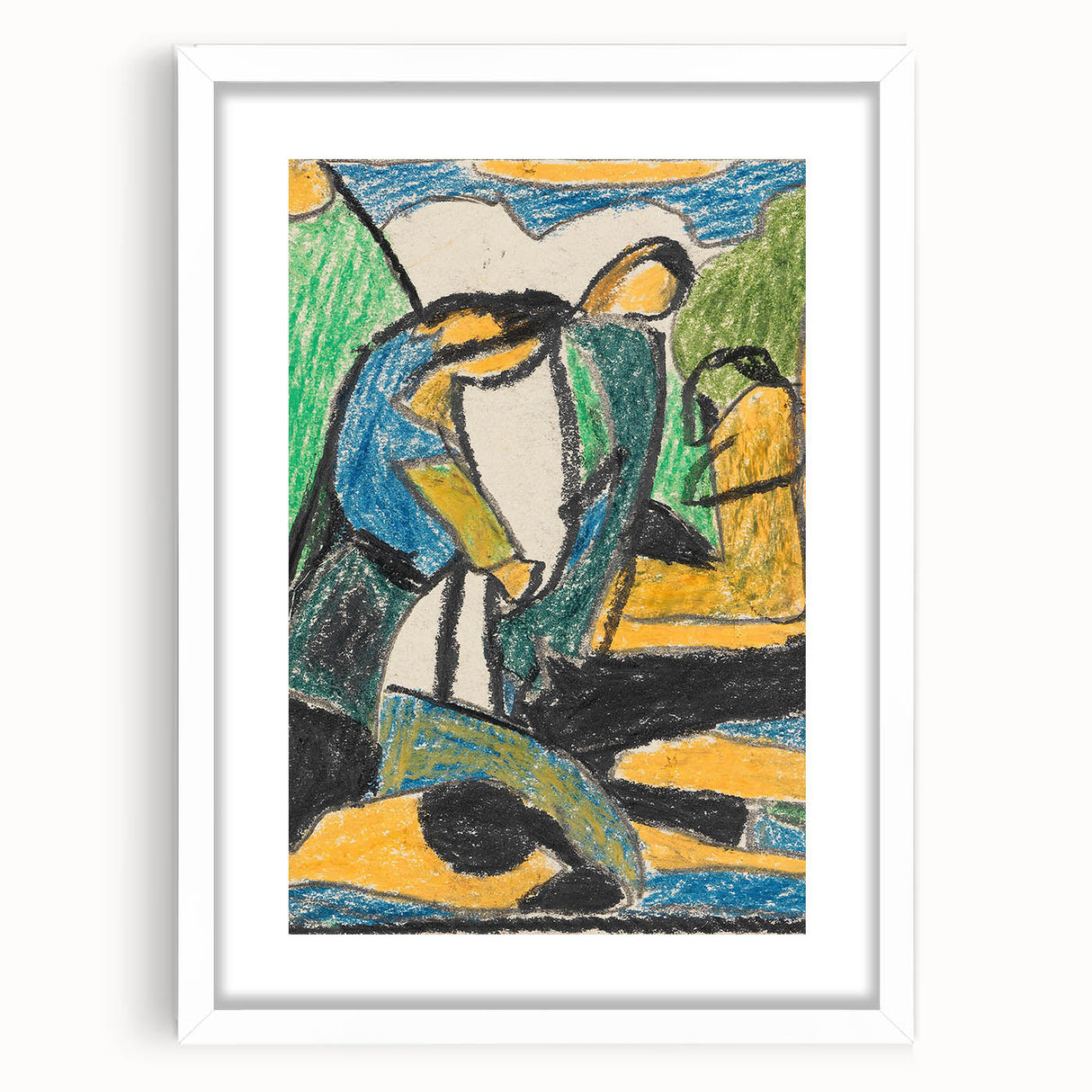 Abstract art print featuring geometric shapes in muted beige and white, framed in white, ideal for modern dining room decor.