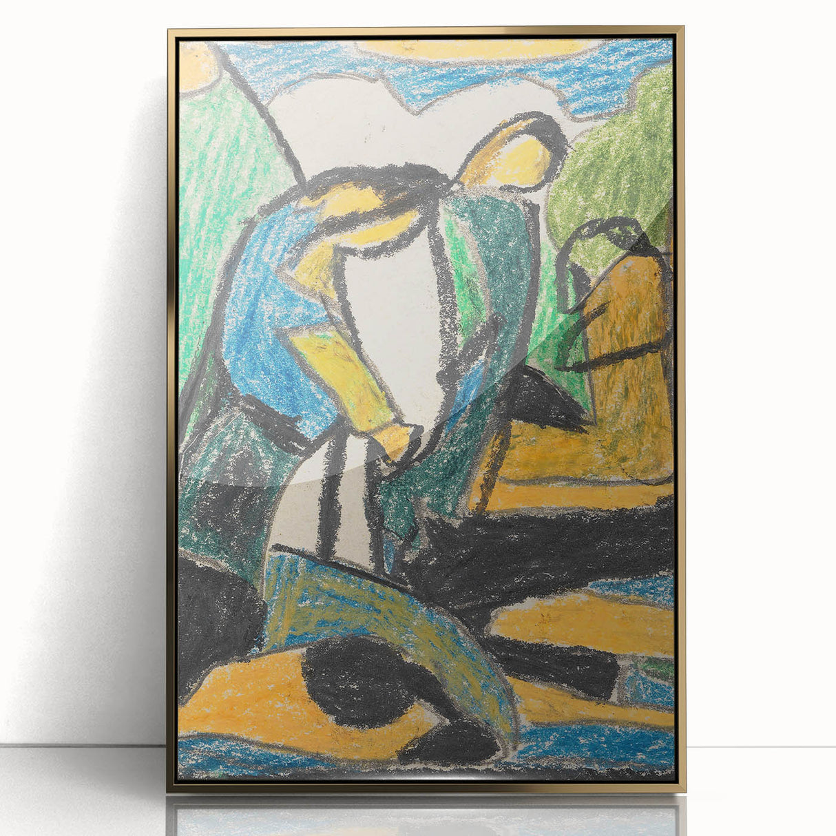 Mid-century modernist art print featuring abstract forms in muted tones, framed in gold acrylic.