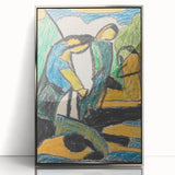 Mid-century modernist art featuring geometric shapes in muted earth tones, acrylic print in a silver frame.