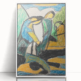 Art Deco poster featuring geometric shapes in muted beige and cream, acrylic print framed in white.