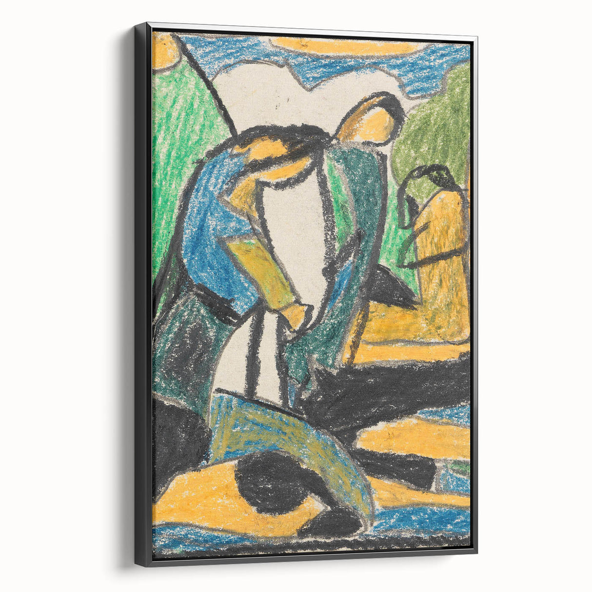Black and white landscape art painting on framed canvas, featuring minimalist vintage poster art.