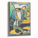 Framed canvas featuring a vintage landscape art painting with colorful abstract shapes on a black background.