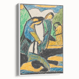 Vintage poster art featuring a colorful abstract design on a large framed canvas, ideal for living room decor.