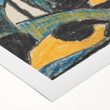 Art deco poster featuring geometric shapes in muted gold and navy, printed on rolled canvas, suitable for dining room decor.