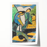 Rolled print featuring a floral design in muted colors on a large canvas.