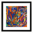 Extra large abstract art print with vibrant, textured colors on a black framed canvas, ideal for living room decor.