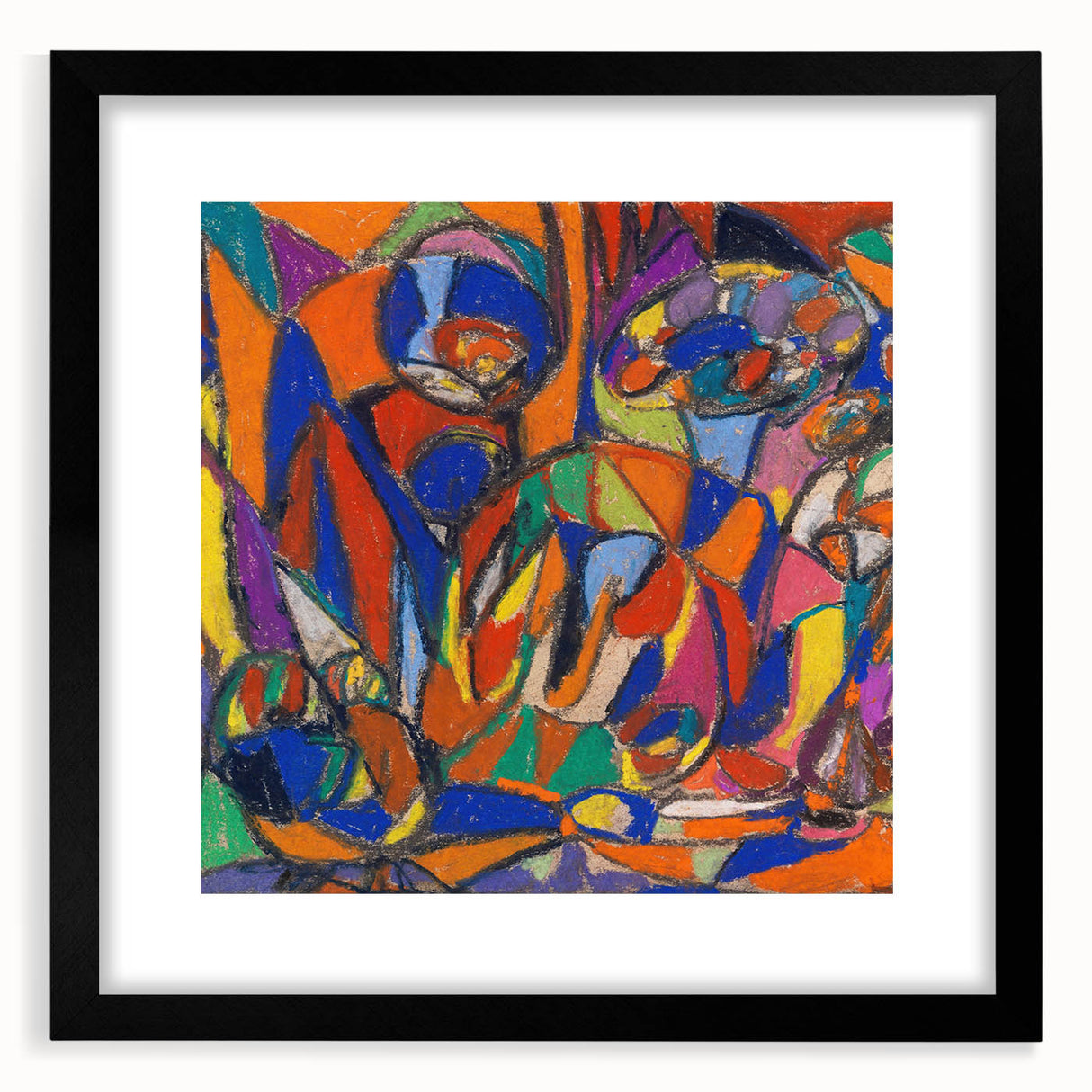 Extra large abstract art print with vibrant, textured colors on a black framed canvas, ideal for living room decor.