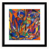 Extra large abstract art print with vibrant, textured colors on a black framed canvas, ideal for living room decor.