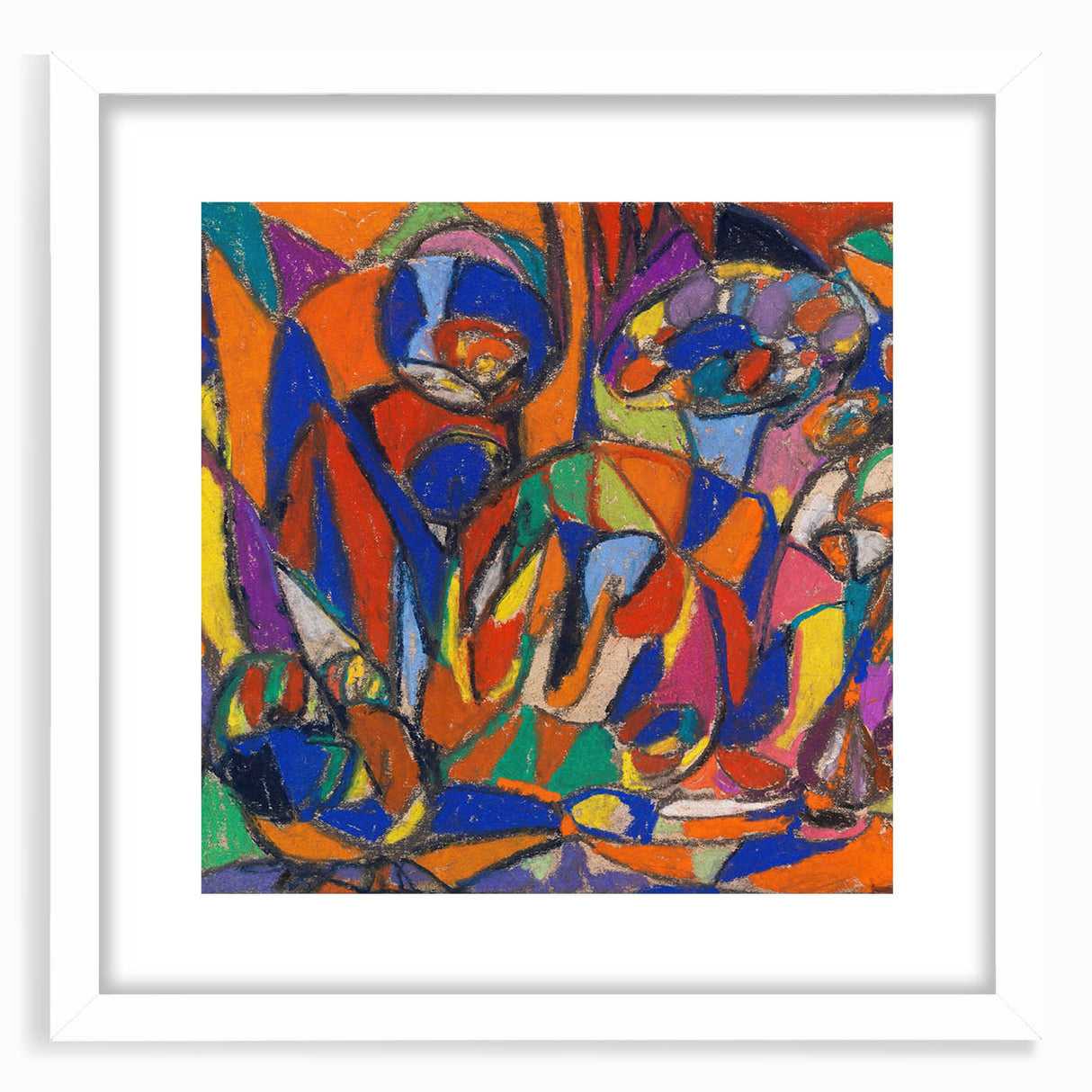 Abstract art print featuring geometric shapes in muted blue and gray tones, framed with a white mat.
