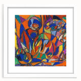 Abstract art print featuring geometric shapes in muted blue and gray tones, framed with a white mat.