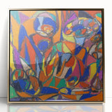 Mid-century modernist art featuring abstract shapes in muted tones on a large framed acrylic.