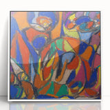 Art deco poster featuring geometric shapes in muted blue and beige tones on acrylic, ideal for nursery wall decor.