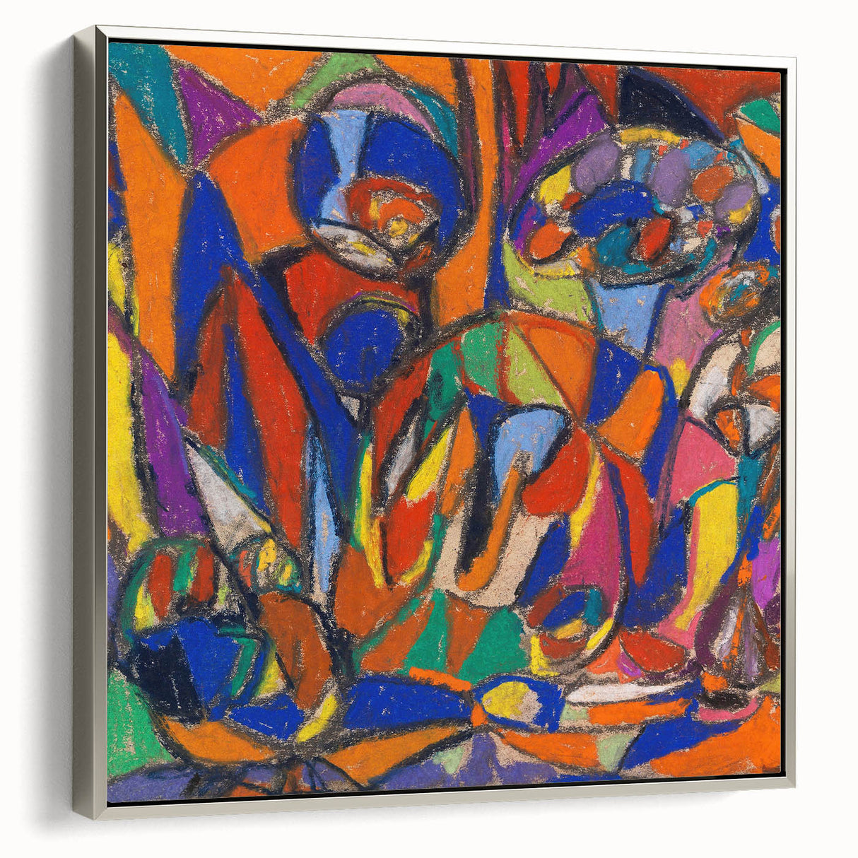 Framed canvas featuring a vintage landscape art painting with colorful abstract designs on a black background.