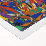 Art deco poster featuring geometric patterns in muted gold and navy, printed on rolled canvas.