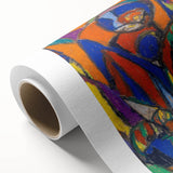 Art deco poster featuring geometric shapes in muted pastel colors on rolled canvas, ideal for nursery wall art.