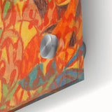 Large abstract wall art featuring mid-century modernist designs in neutral and blue tones on acrylic glass.