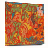 Large abstract wall art in vibrant colors on acrylic glass, suitable for bedroom or dining room decor.