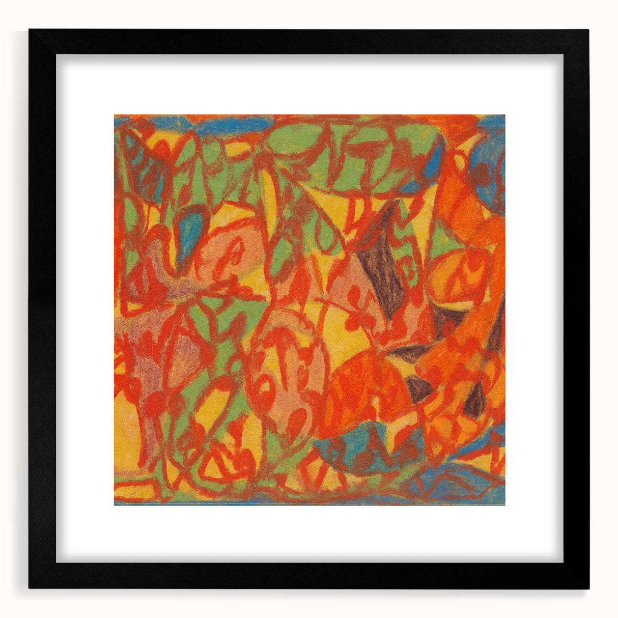Extra large abstract art print featuring colorful, textured patterns on a black framed canvas, ideal for living room decor.
