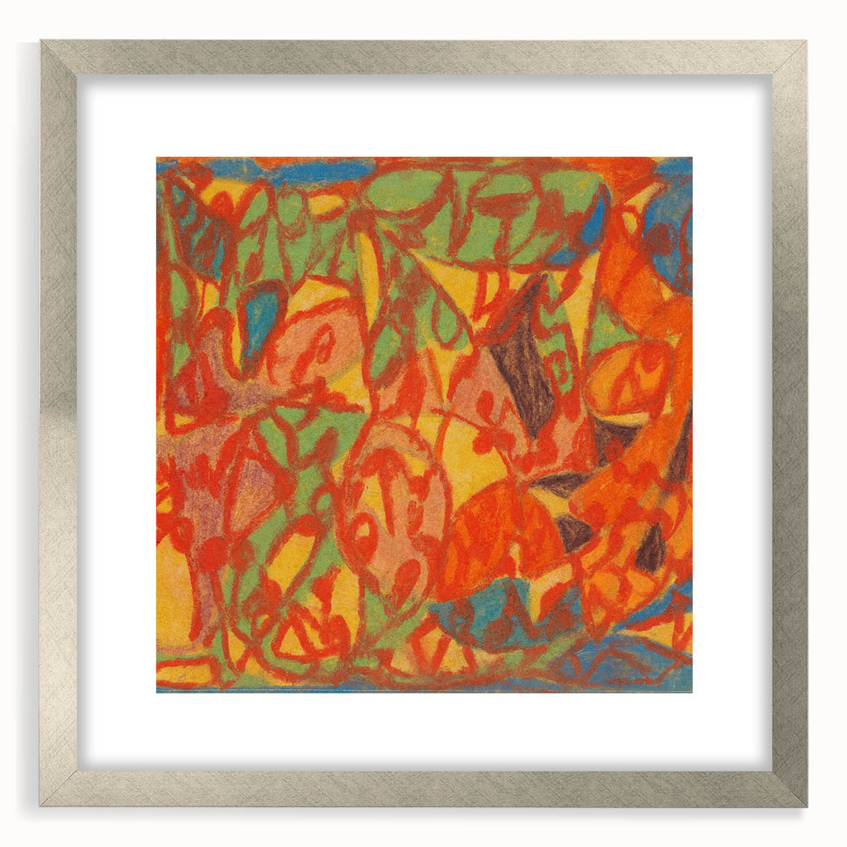 Textured abstract art print in muted blues and greens on a framed canvas, ideal for modern bedroom decor.