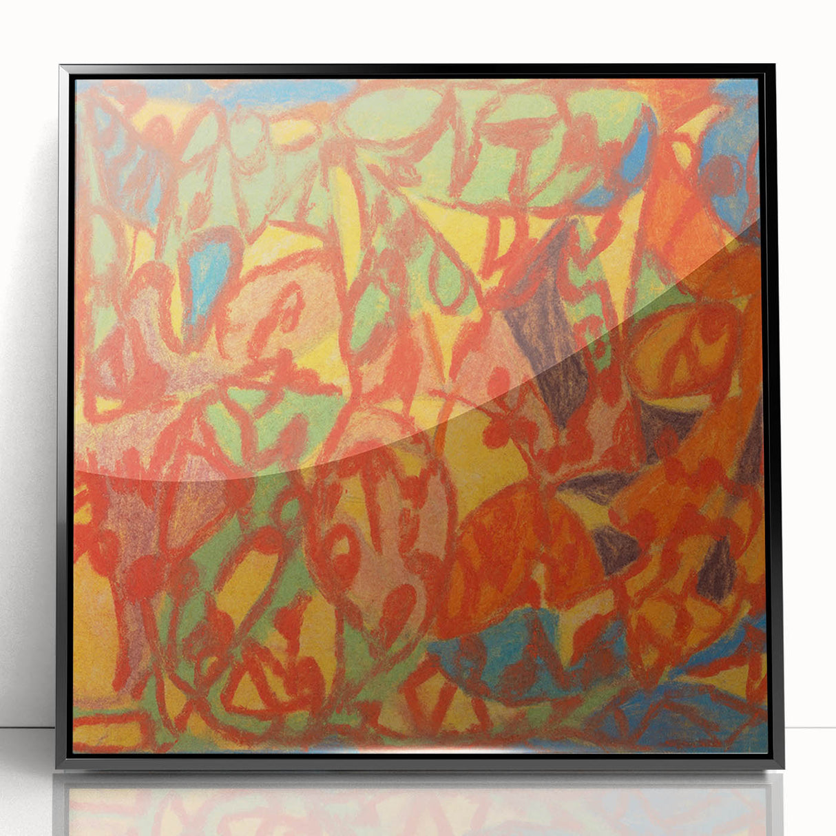Large abstract wall art featuring geometric shapes in muted tones on a black framed acrylic.