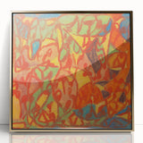 Mid-century modernist art print in acrylic, featuring geometric shapes in bold colors, ideal for nursery wall decor.