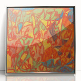 Mid-century modernist art depicting geometric shapes in muted tones on a framed acrylic, suitable for nursery wall decor.