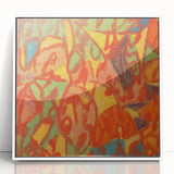 Art Deco poster featuring geometric shapes in muted colors on framed acrylic, ideal for modern nursery wall decor.