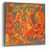 Framed canvas of vintage landscape art featuring vibrant, colorful abstract design.