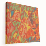 Adolf Holz design on stretched canvas featuring abstract shapes in vibrant colors, ideal for kitchen wall art.