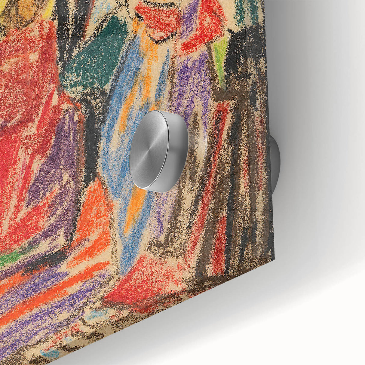 Large abstract wall art in mid-century modernist style, featuring geometric shapes in muted colors on acrylic glass.
