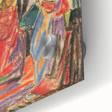 Large abstract wall art in mid-century modernist style, featuring geometric shapes in muted colors on acrylic glass.