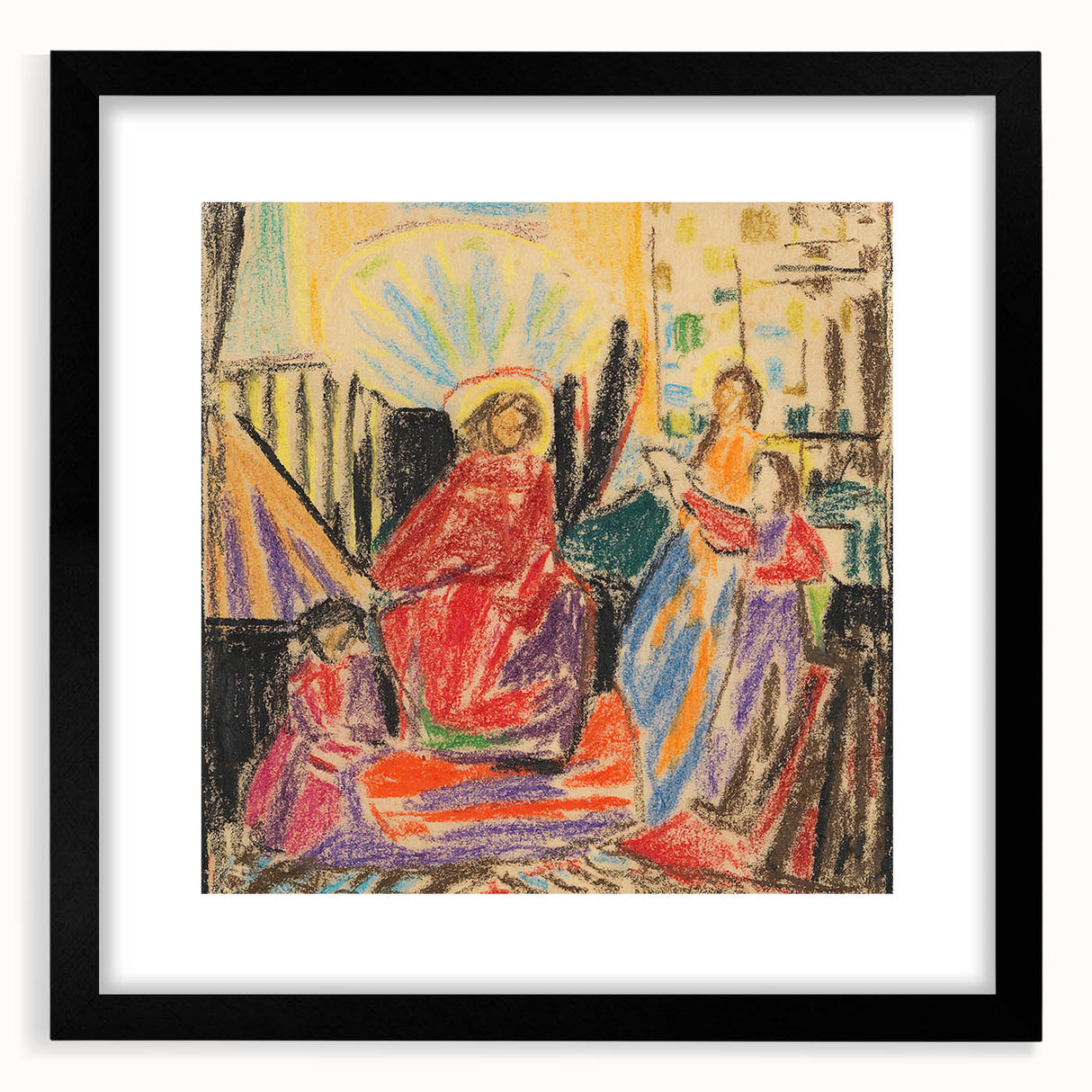Extra large, textured abstract art print featuring vibrant, colorful shapes on a black framed canvas.