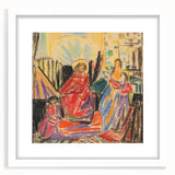 Abstract art print featuring geometric shapes in muted blue and peach, framed with a white mat.