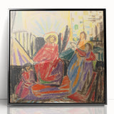 Large abstract wall art in mid-century modernist style with vibrant blues and yellows on black framed acrylic.