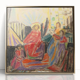 Mid-century modernist art print depicting abstract shapes in muted colors on a gold-framed acrylic.