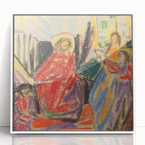 Art deco poster featuring geometric shapes in muted tones on a white acrylic frame, suitable for nursery wall decor.