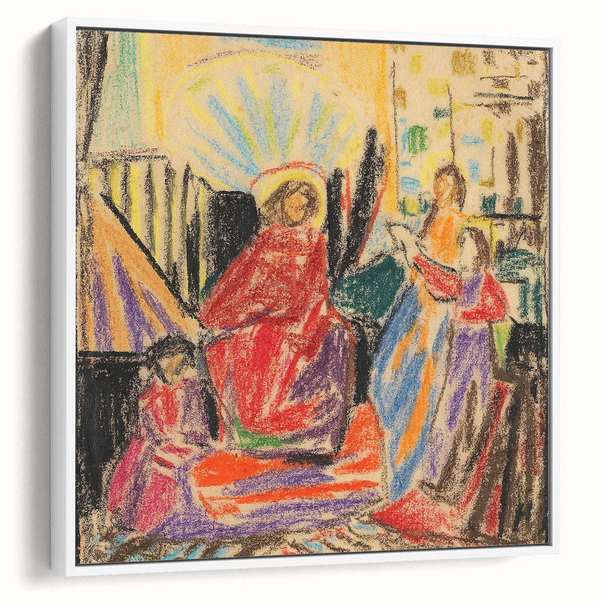 Vintage poster art featuring abstract colorful design on extra large framed canvas, ideal for living room decor.