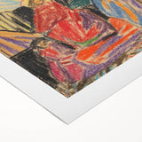 Art deco poster featuring geometric patterns in muted gold and black on a rolled canvas.